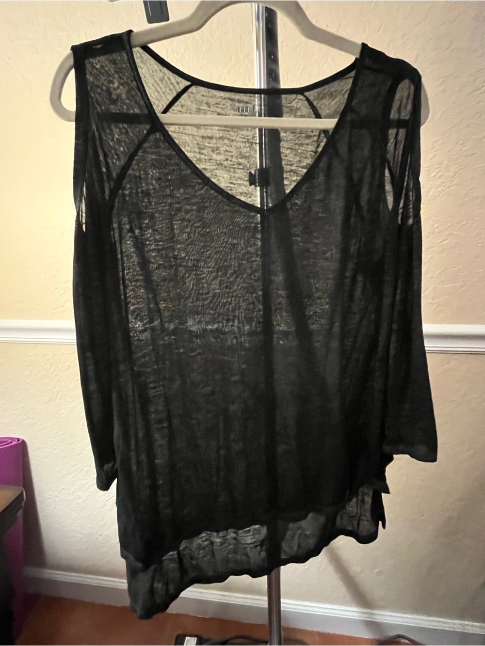 a.n.a Black Sheer V-Neck Long Sleeve Top